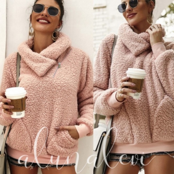 HEATHER teddy furry Zipper Detail Sweater - BLUSH - Picture 2 of 2